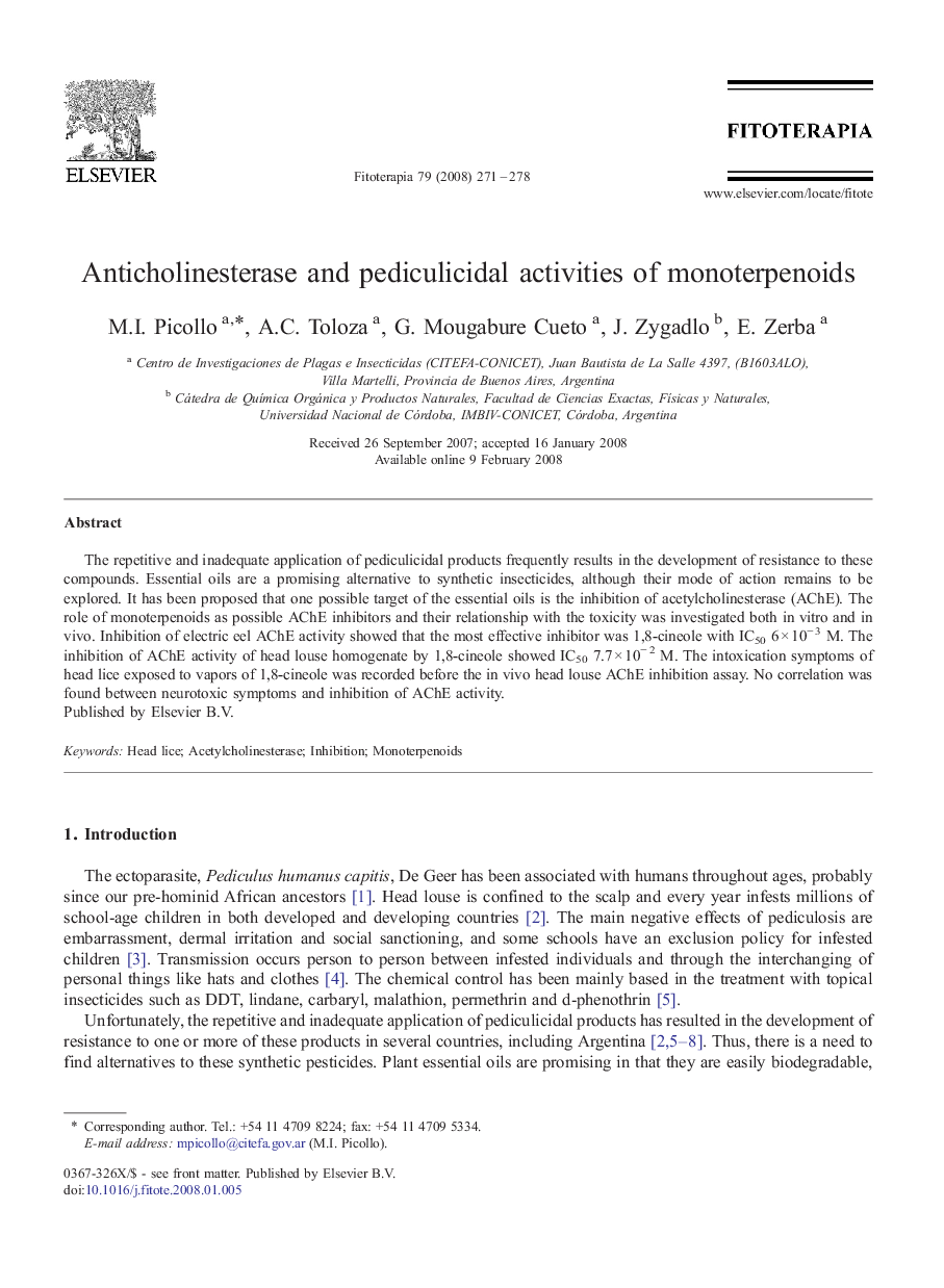 Anticholinesterase and pediculicidal activities of monoterpenoids