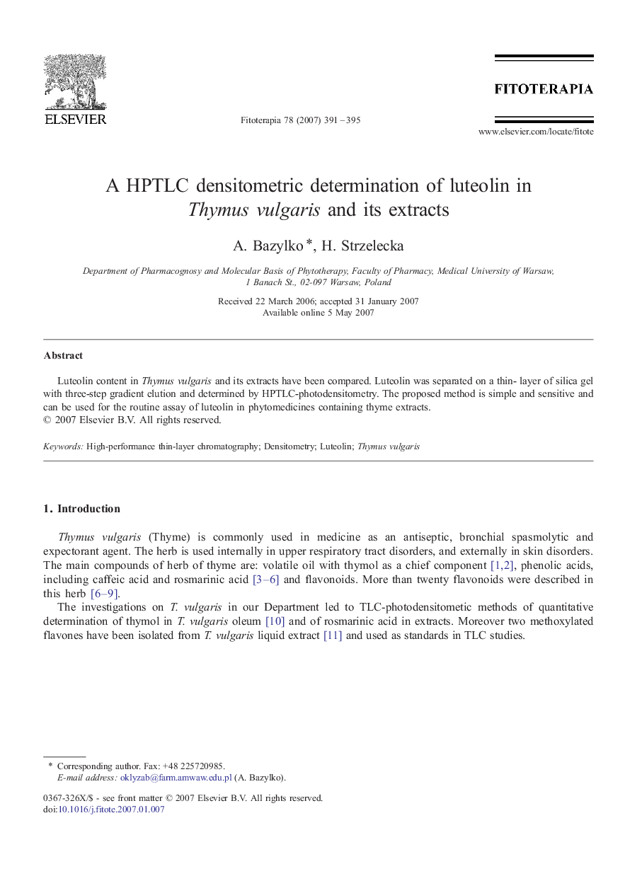 A HPTLC densitometric determination of luteolin in Thymus vulgaris and its extracts