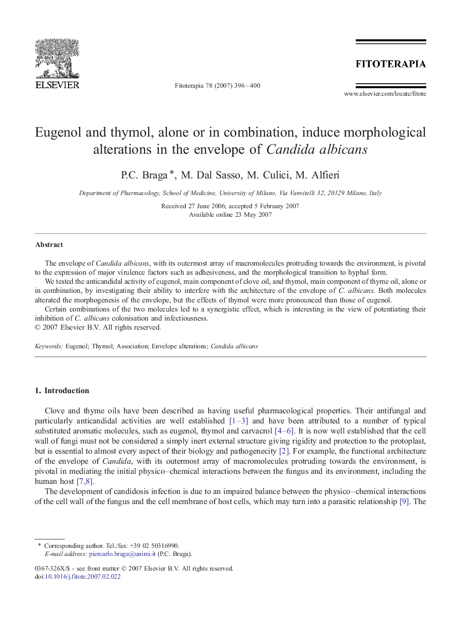 Eugenol and thymol, alone or in combination, induce morphological alterations in the envelope of Candida albicans