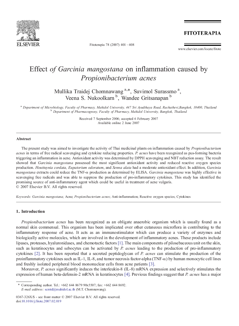 Effect of Garcinia mangostana on inflammation caused by Propionibacterium acnes