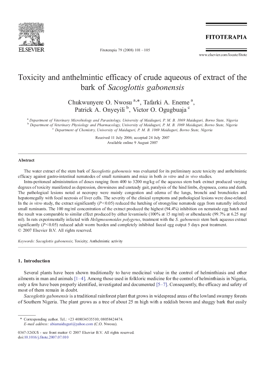 Toxicity and anthelmintic efficacy of crude aqueous of extract of the bark of Sacoglottis gabonensis