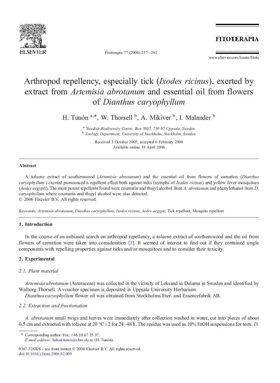 Arthropod repellency, especially tick (Ixodes ricinus), exerted by extract from Artemisia abrotanum and essential oil from flowers of Dianthus caryophyllum