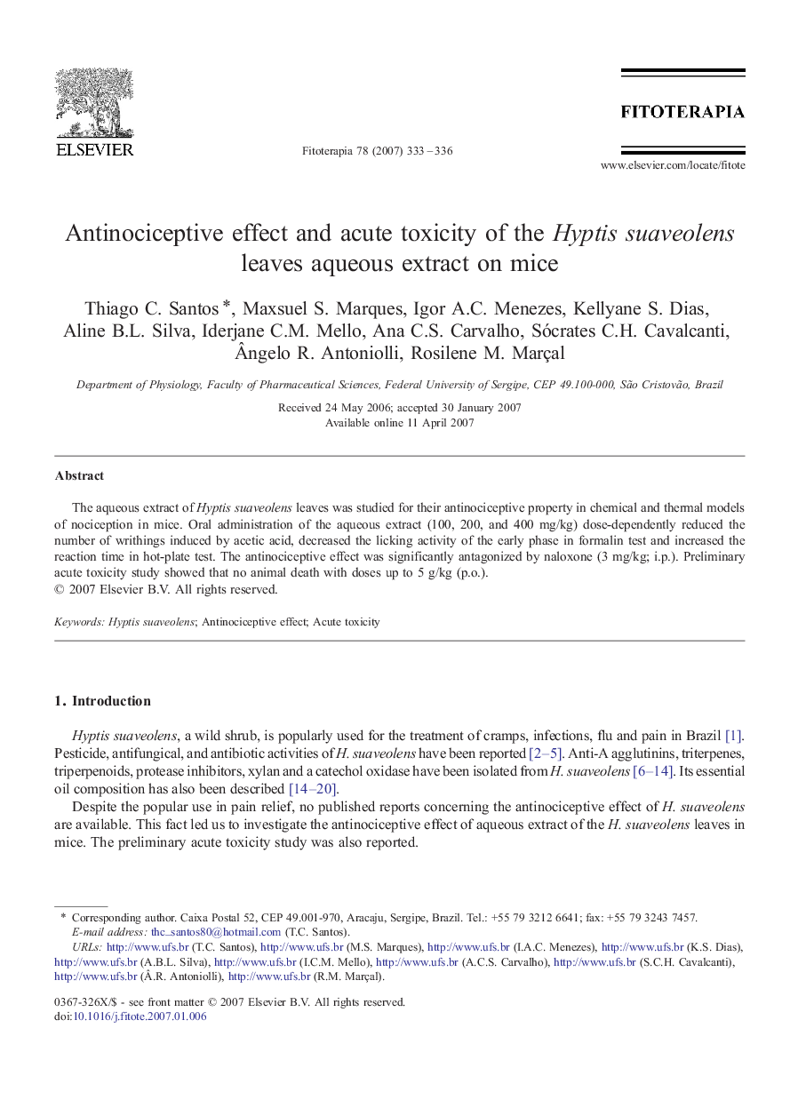 Antinociceptive effect and acute toxicity of the Hyptis suaveolens leaves aqueous extract on mice