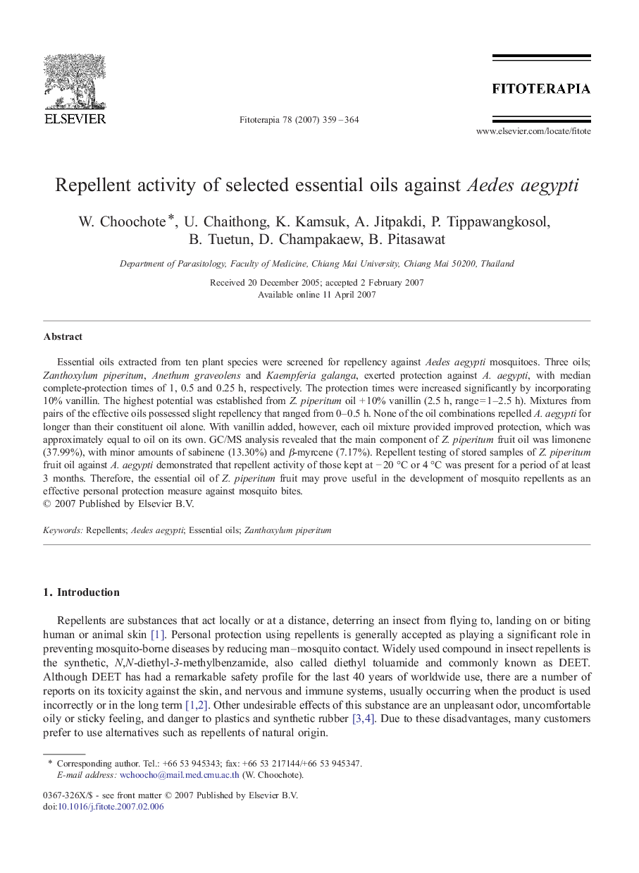 Repellent activity of selected essential oils against Aedes aegypti