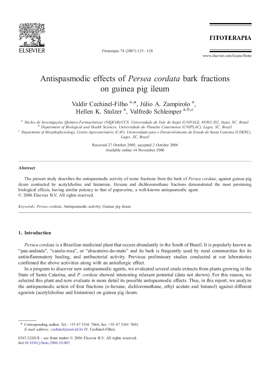 Antispasmodic effects of Persea cordata bark fractions on guinea pig ileum