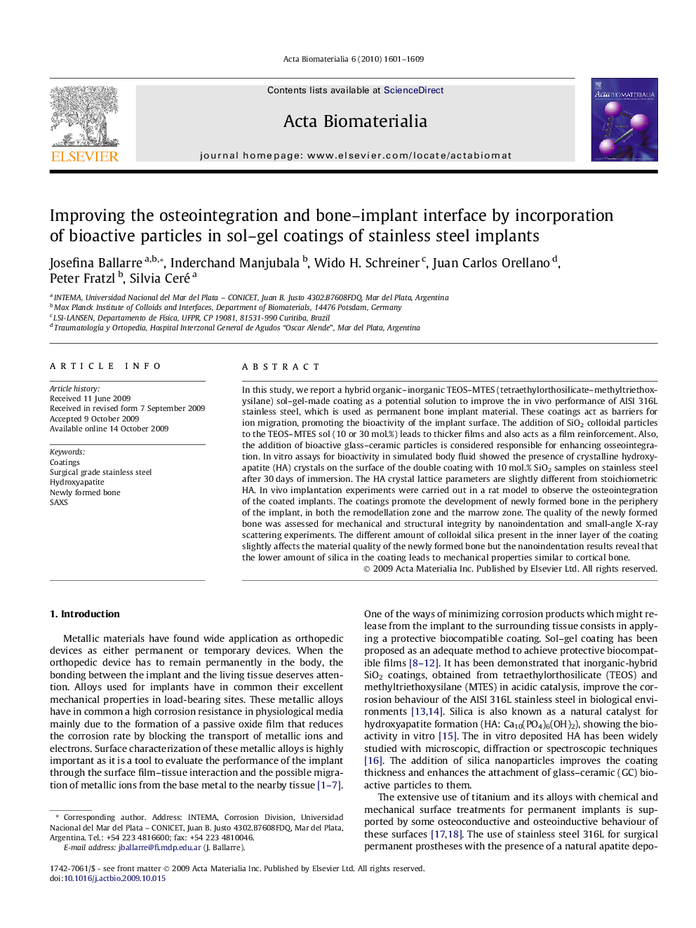 Improving the osteointegration and bone–implant interface by incorporation of bioactive particles in sol–gel coatings of stainless steel implants