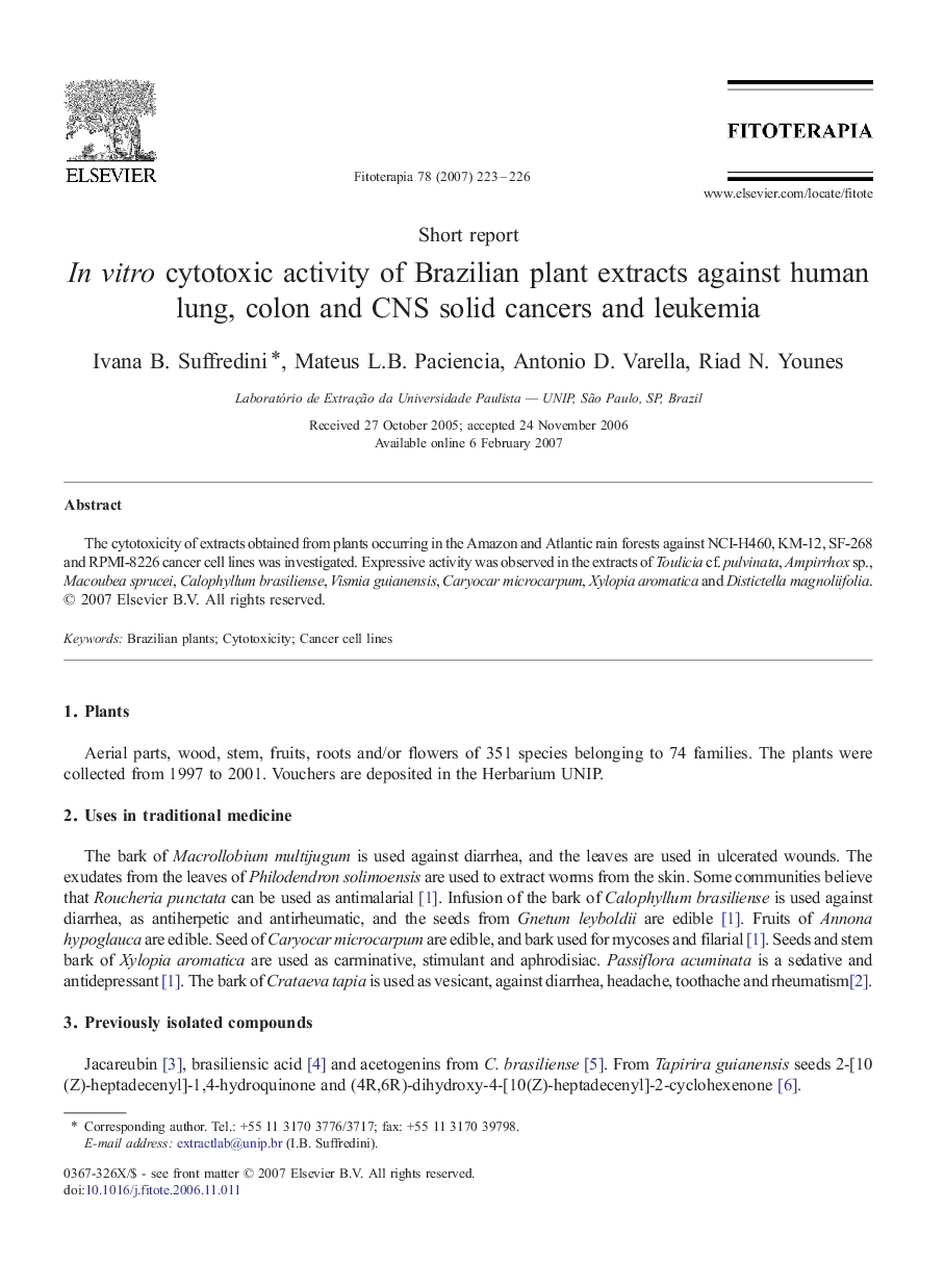 In vitro cytotoxic activity of Brazilian plant extracts against human lung, colon and CNS solid cancers and leukemia