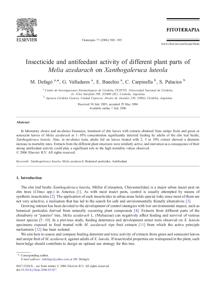 Insecticide and antifeedant activity of different plant parts of Melia azedarach on Xanthogaleruca luteola