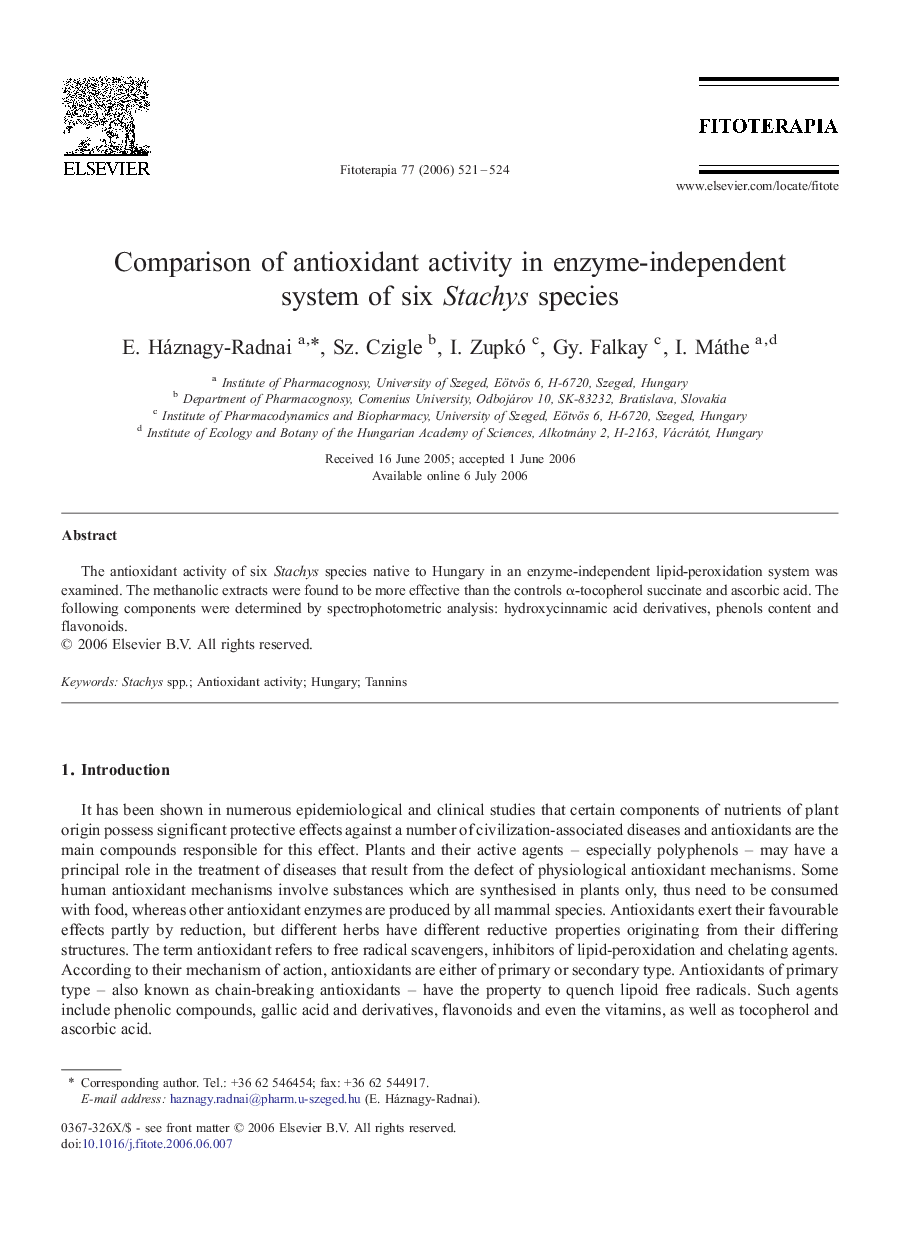 Comparison of antioxidant activity in enzyme-independent system of six Stachys species