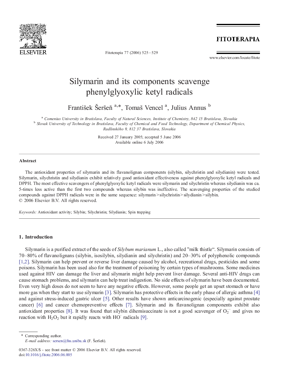 Silymarin and its components scavenge phenylglyoxylic ketyl radicals