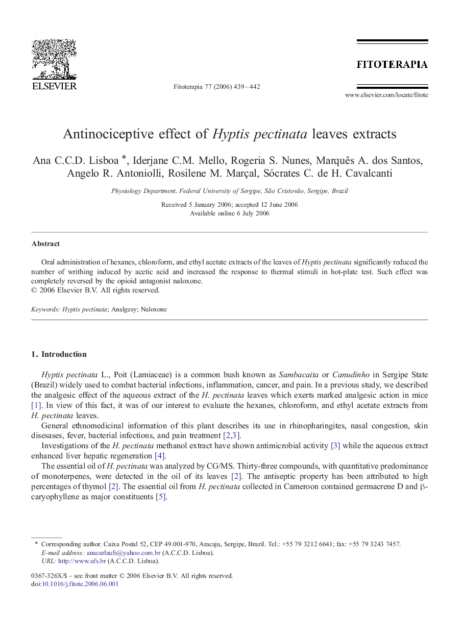 Antinociceptive effect of Hyptis pectinata leaves extracts