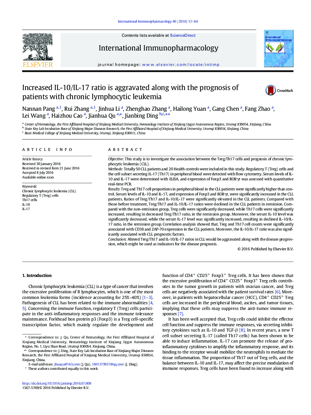 Increased IL-10/IL-17 ratio is aggravated along with the prognosis of patients with chronic lymphocytic leukemia