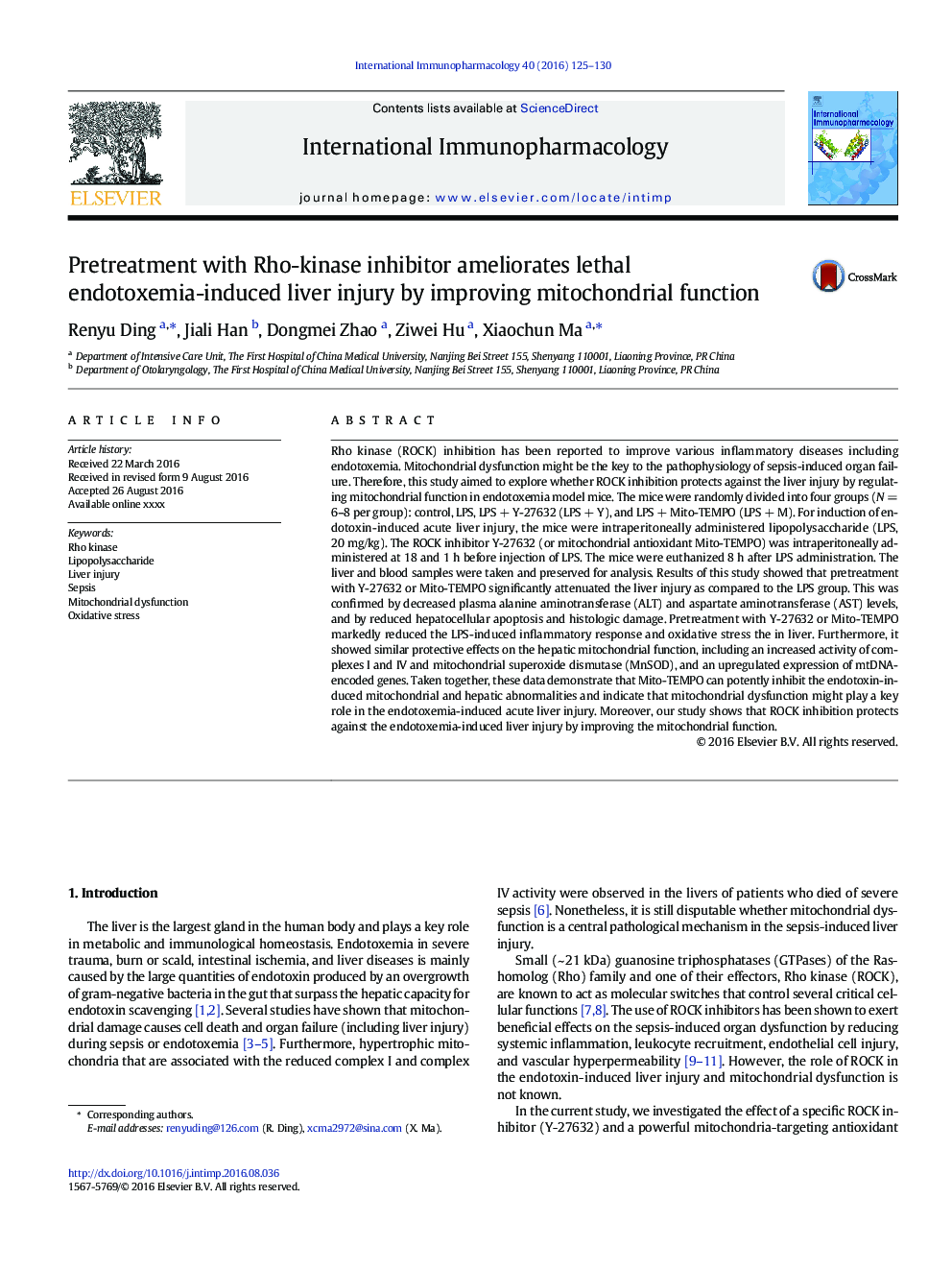 Pretreatment with Rho-kinase inhibitor ameliorates lethal endotoxemia-induced liver injury by improving mitochondrial function