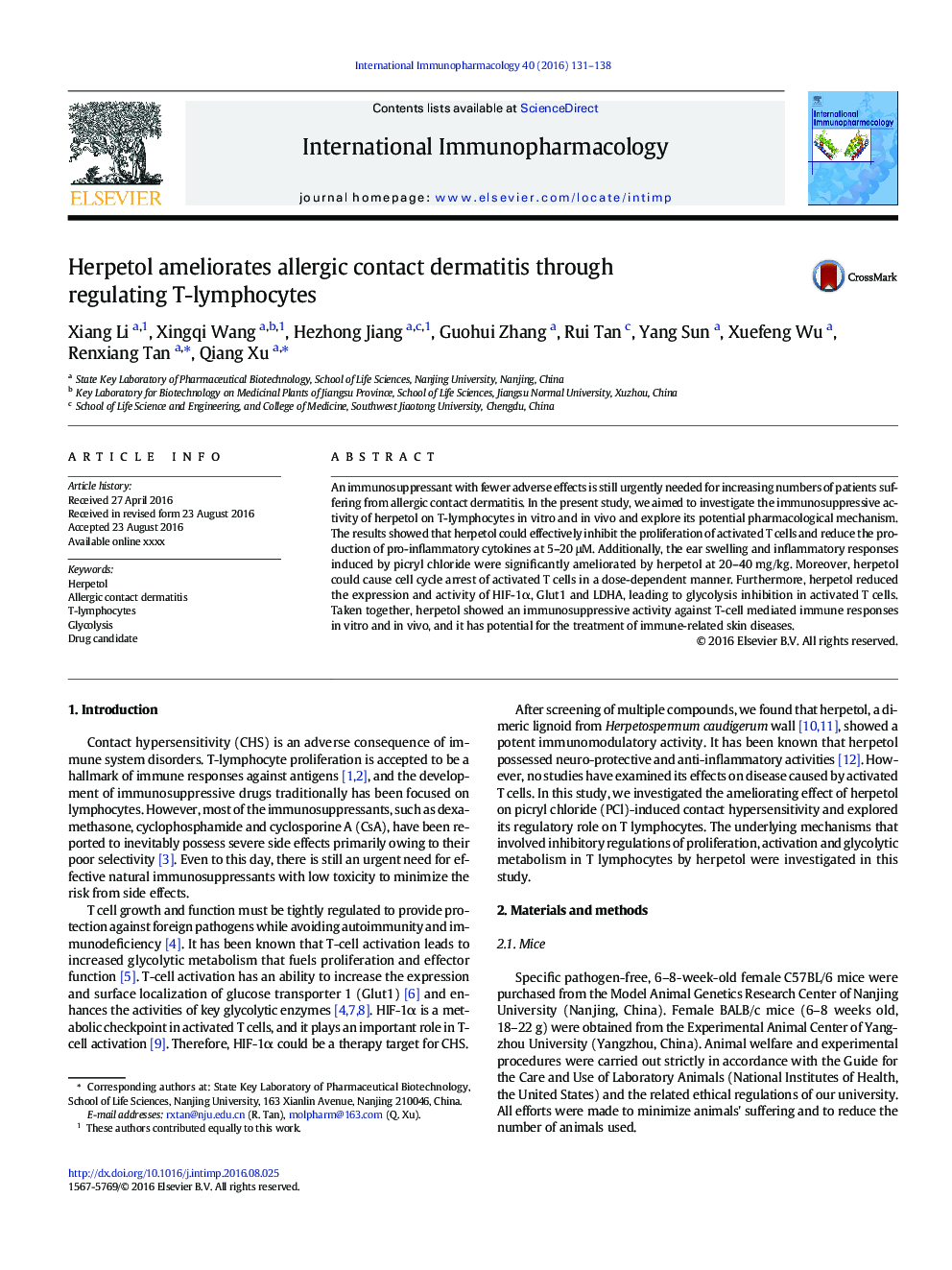 Herpetol ameliorates allergic contact dermatitis through regulating T-lymphocytes