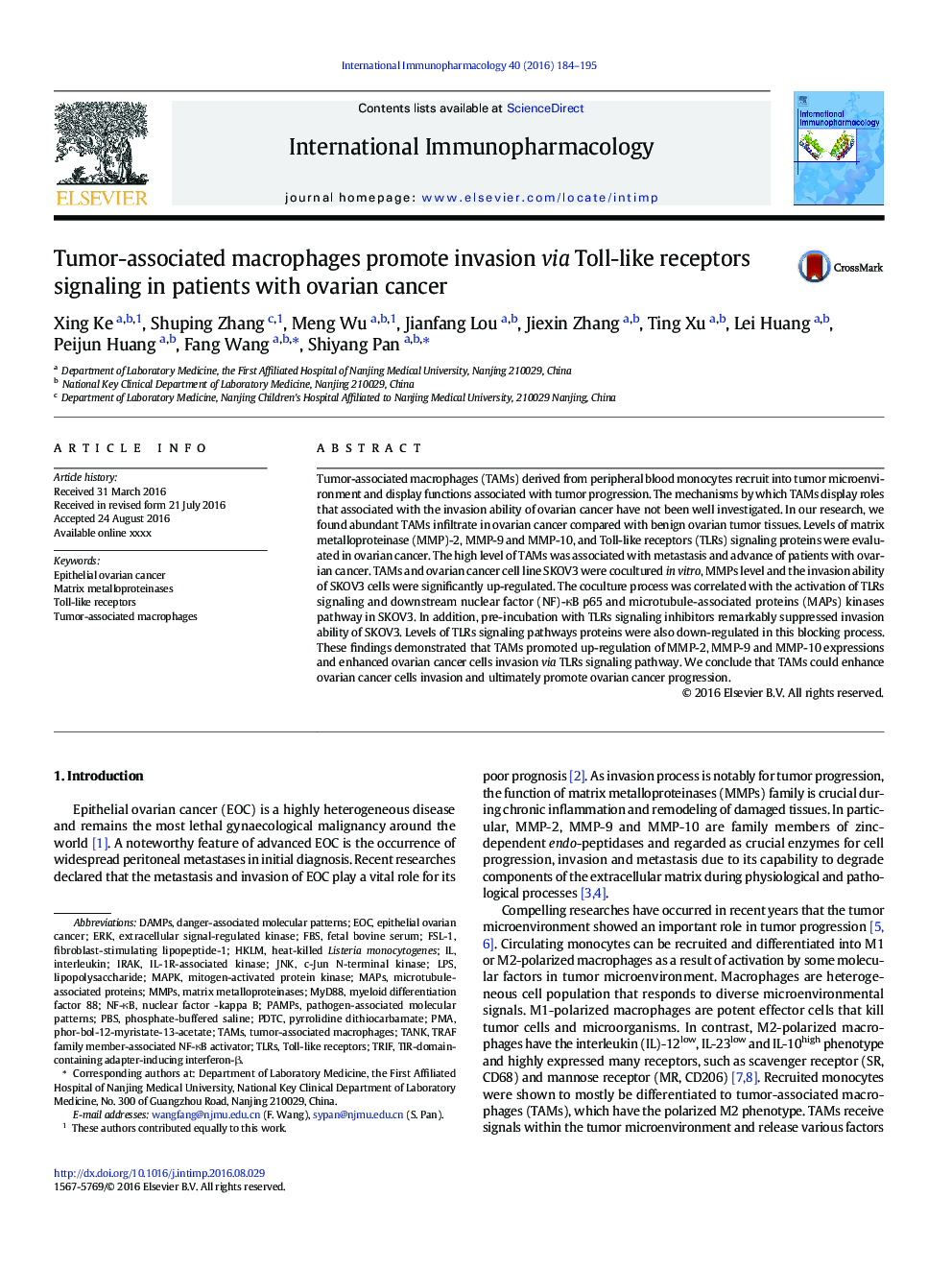 Tumor-associated macrophages promote invasion via Toll-like receptors signaling in patients with ovarian cancer