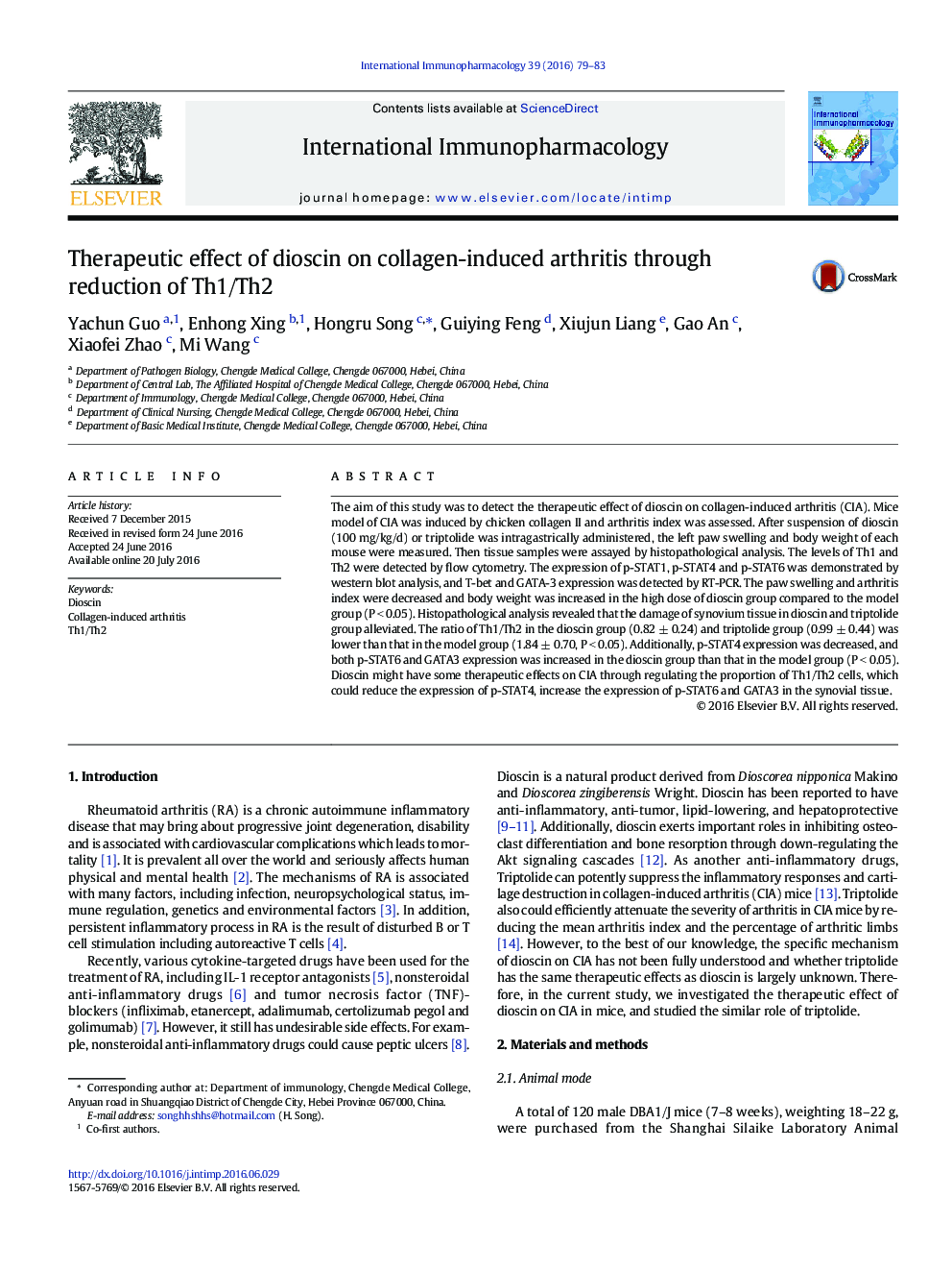 Therapeutic effect of dioscin on collagen-induced arthritis through reduction of Th1/Th2