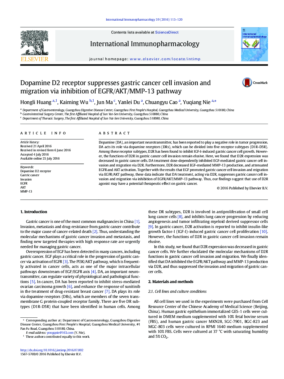 Dopamine D2 receptor suppresses gastric cancer cell invasion and migration via inhibition of EGFR/AKT/MMP-13 pathway