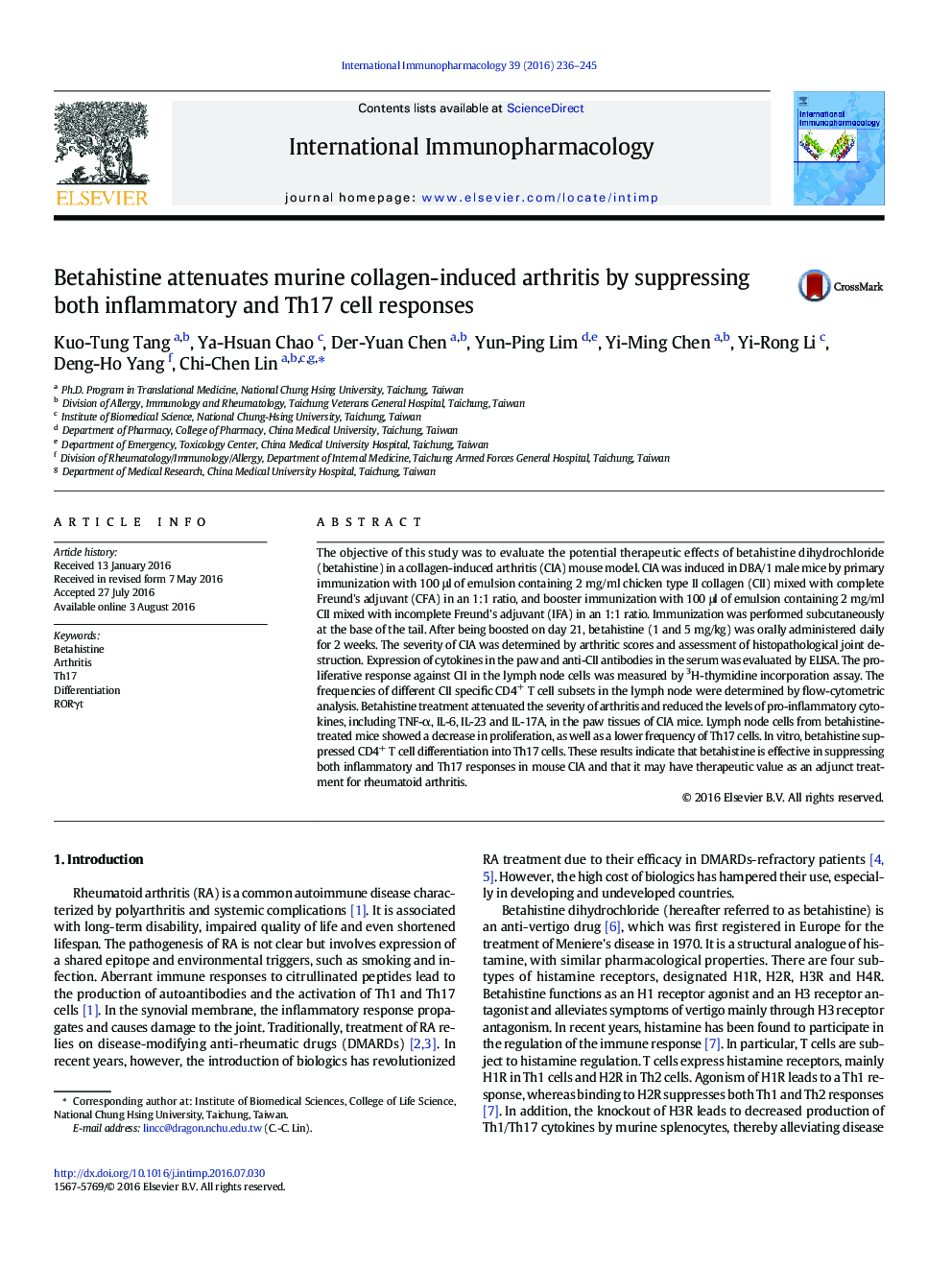 Betahistine attenuates murine collagen-induced arthritis by suppressing both inflammatory and Th17 cell responses