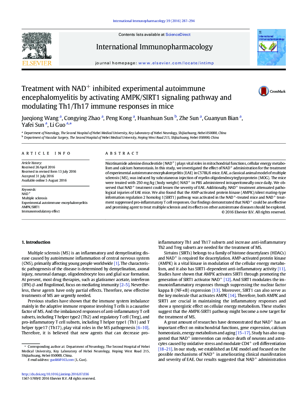 Treatment with NAD+ inhibited experimental autoimmune encephalomyelitis by activating AMPK/SIRT1 signaling pathway and modulating Th1/Th17 immune responses in mice