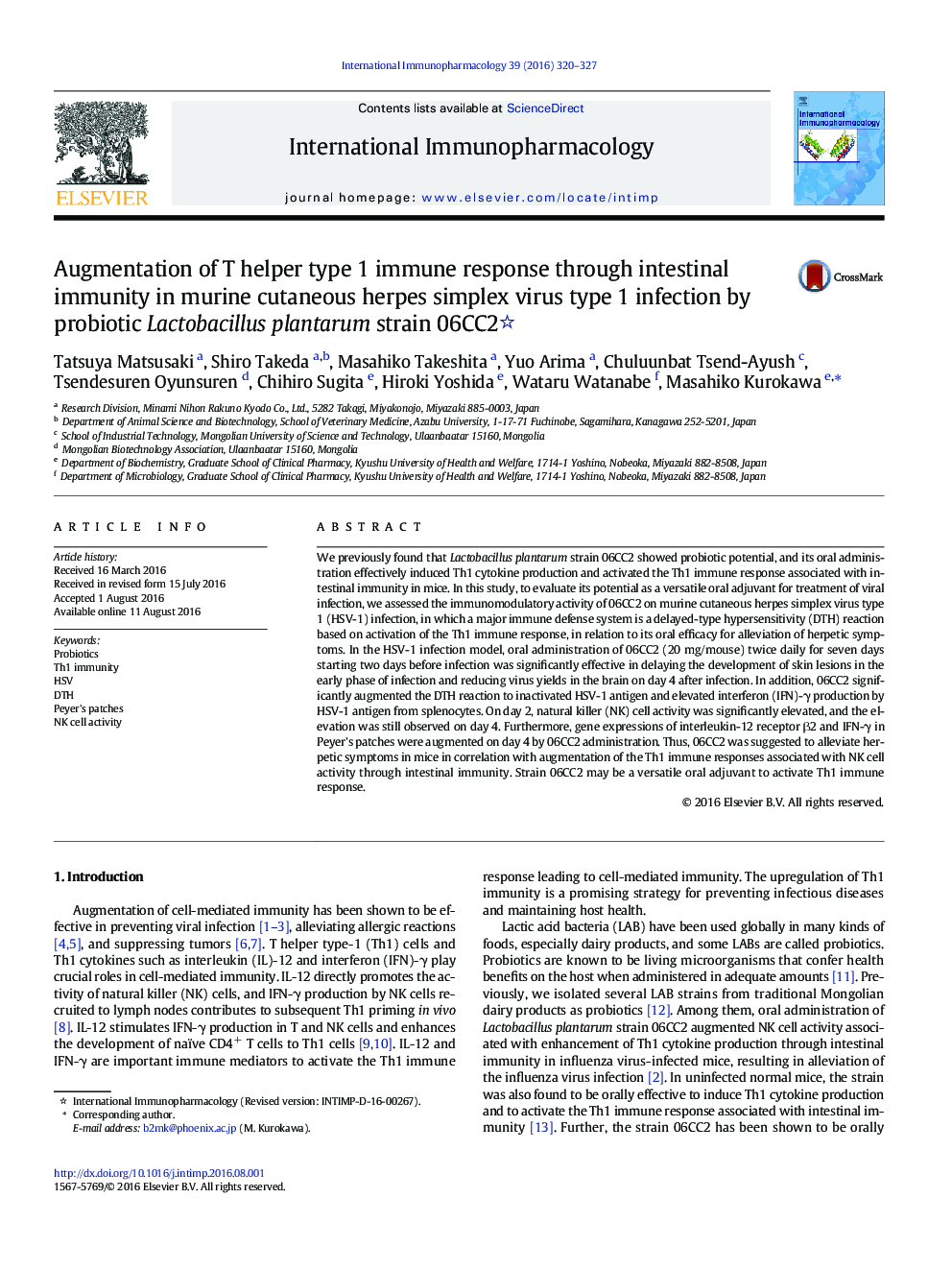 Augmentation of T helper type 1 immune response through intestinal immunity in murine cutaneous herpes simplex virus type 1 infection by probiotic Lactobacillus plantarum strain 06CC2 