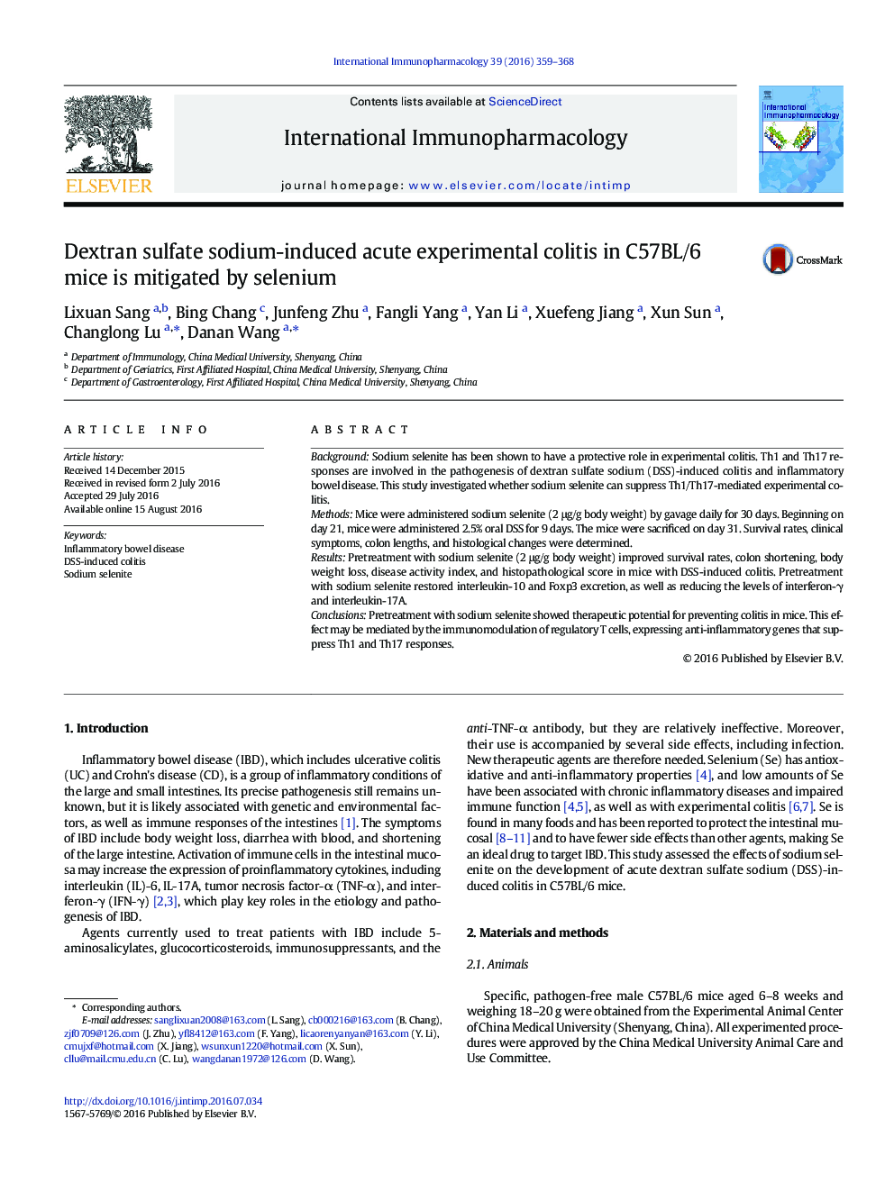 Dextran sulfate sodium-induced acute experimental colitis in C57BL/6 mice is mitigated by selenium