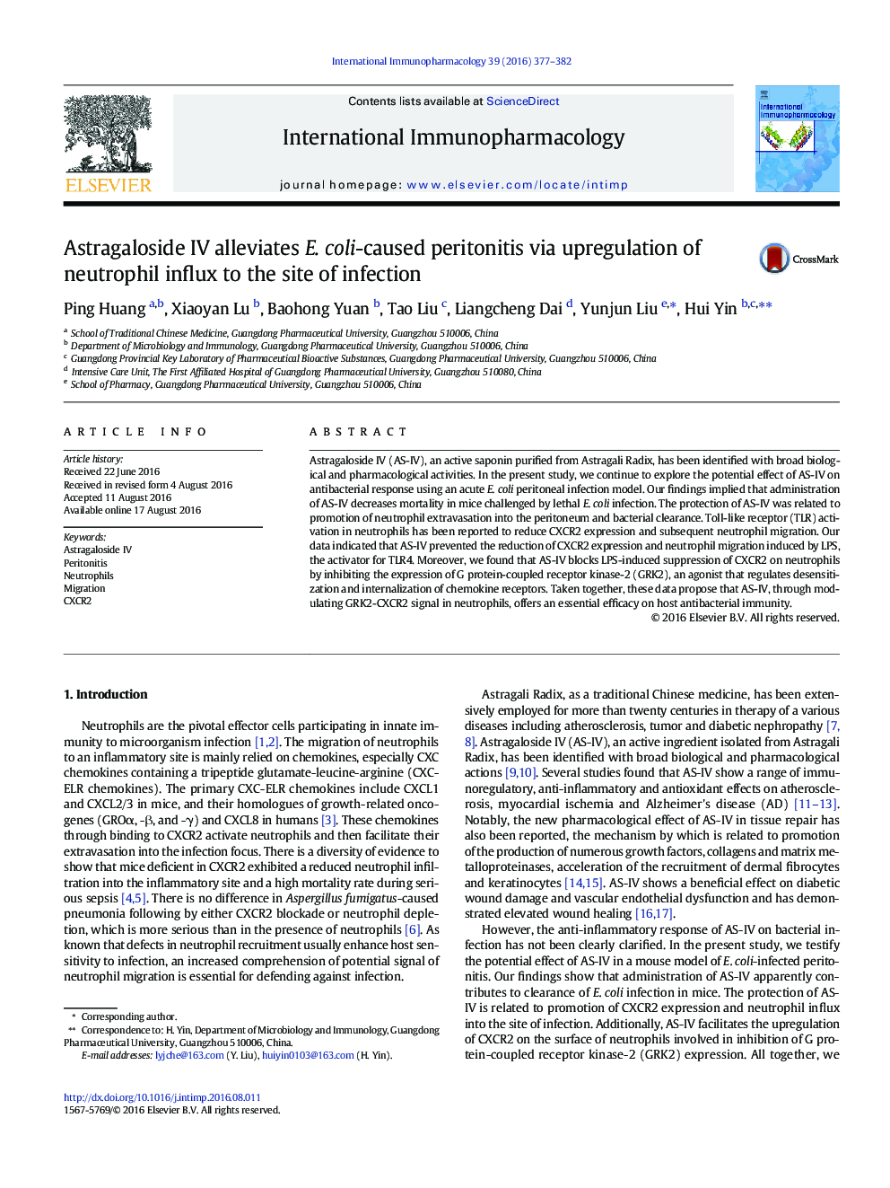 Astragaloside IV alleviates E. coli-caused peritonitis via upregulation of neutrophil influx to the site of infection