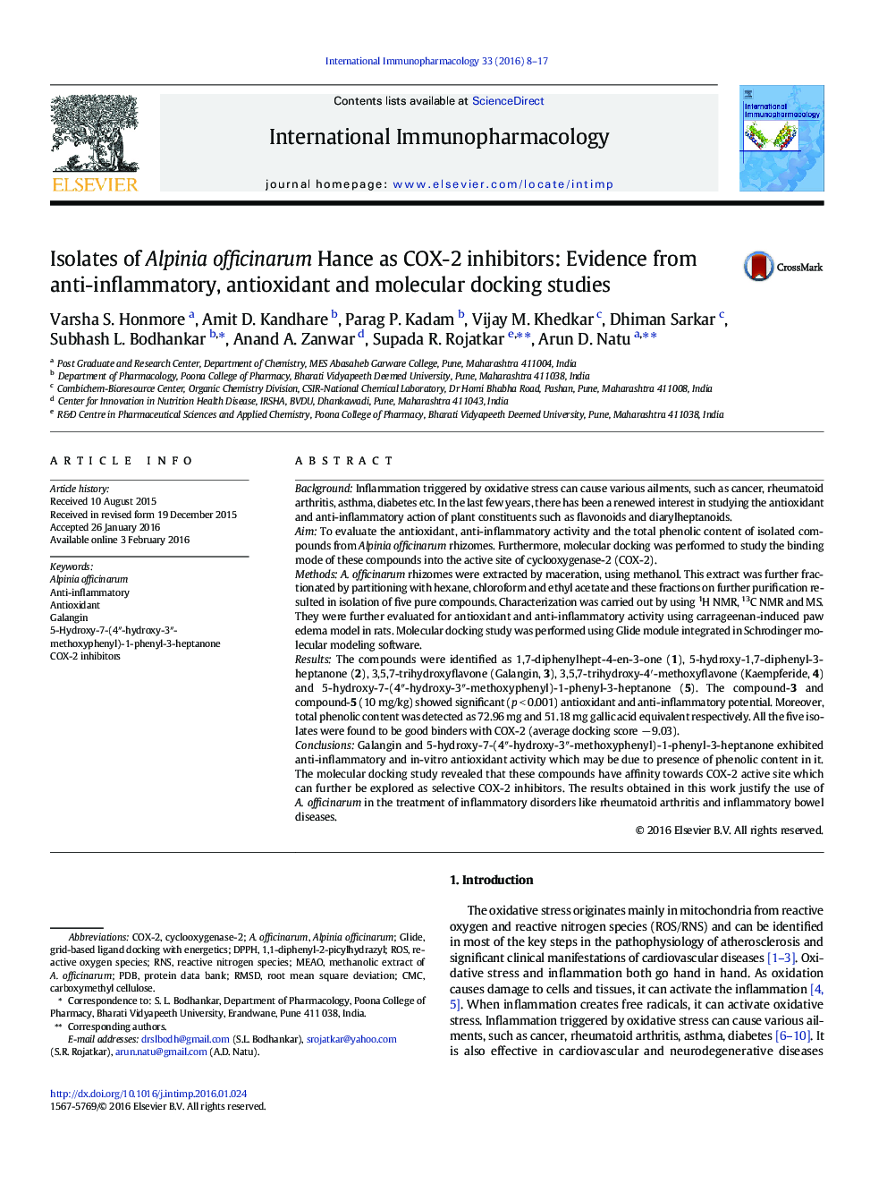 Isolates of Alpinia officinarum Hance as COX-2 inhibitors: Evidence from anti-inflammatory, antioxidant and molecular docking studies