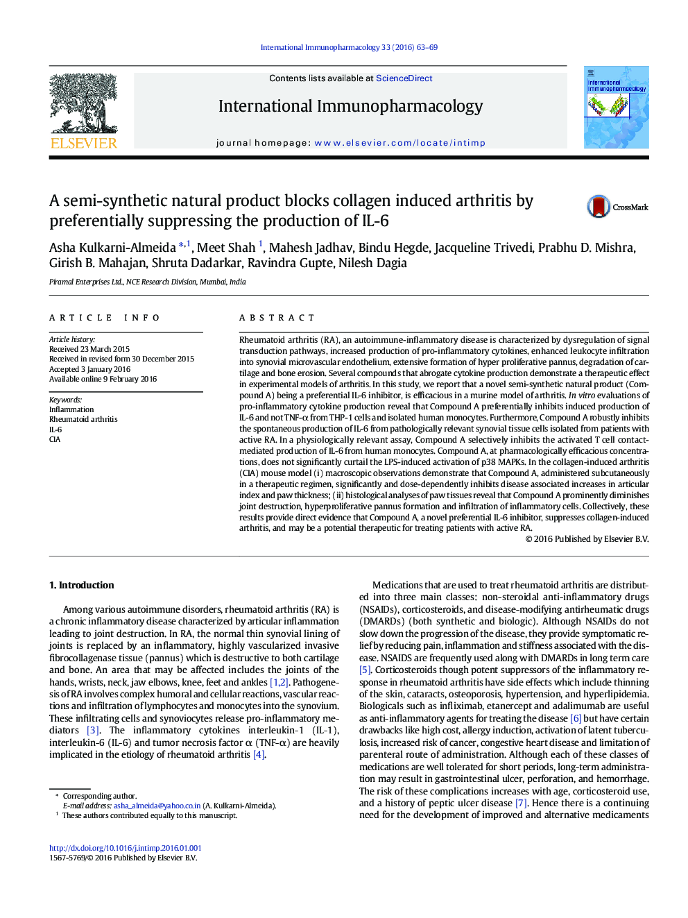 A semi-synthetic natural product blocks collagen induced arthritis by preferentially suppressing the production of IL-6