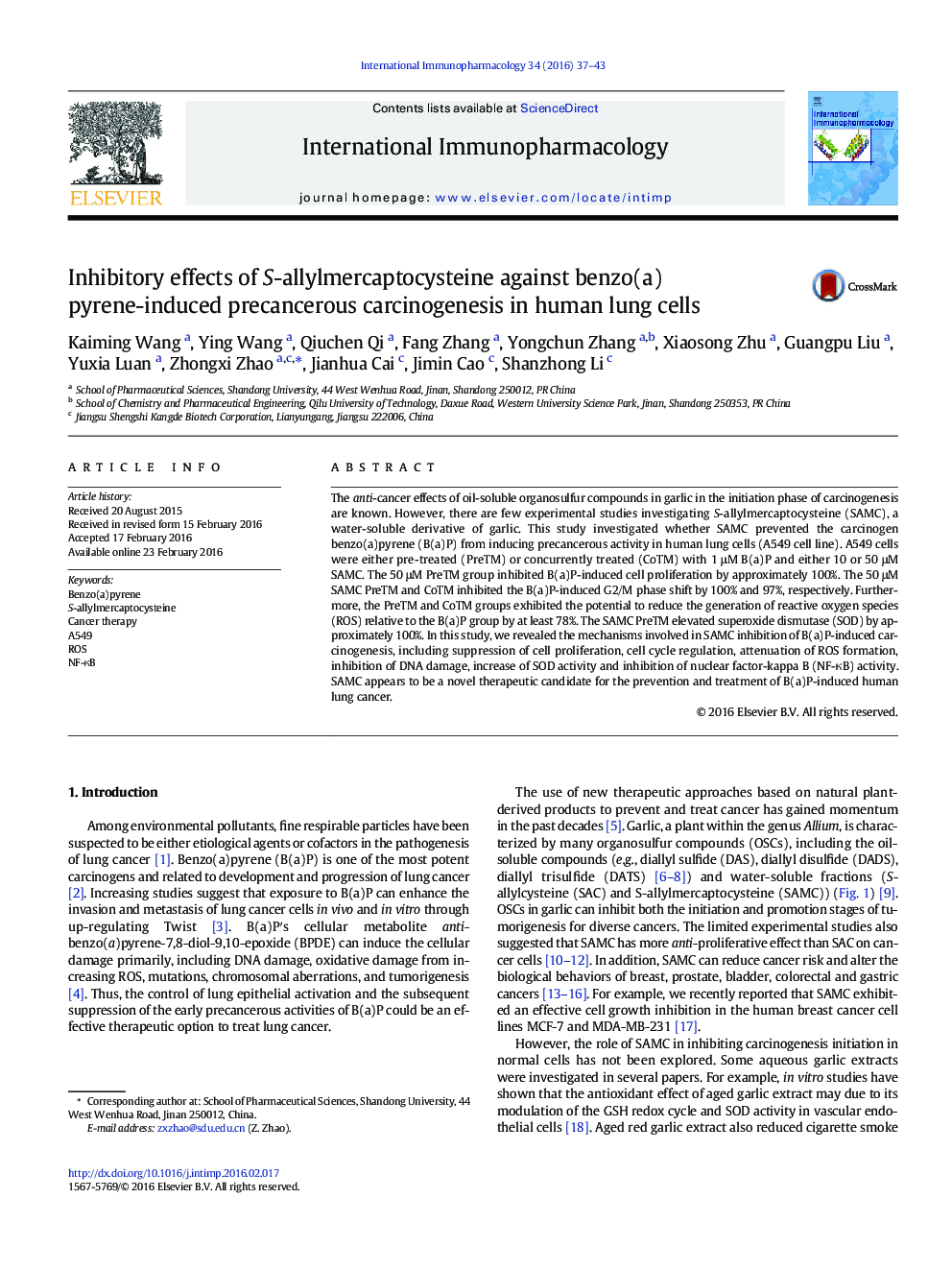 Inhibitory effects of S-allylmercaptocysteine against benzo(a)pyrene-induced precancerous carcinogenesis in human lung cells
