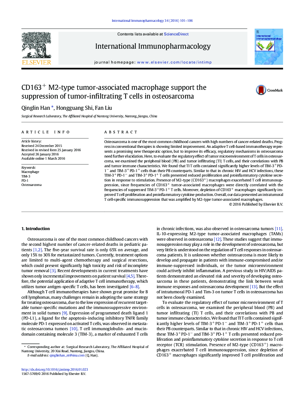 CD163+ M2-type tumor-associated macrophage support the suppression of tumor-infiltrating T cells in osteosarcoma