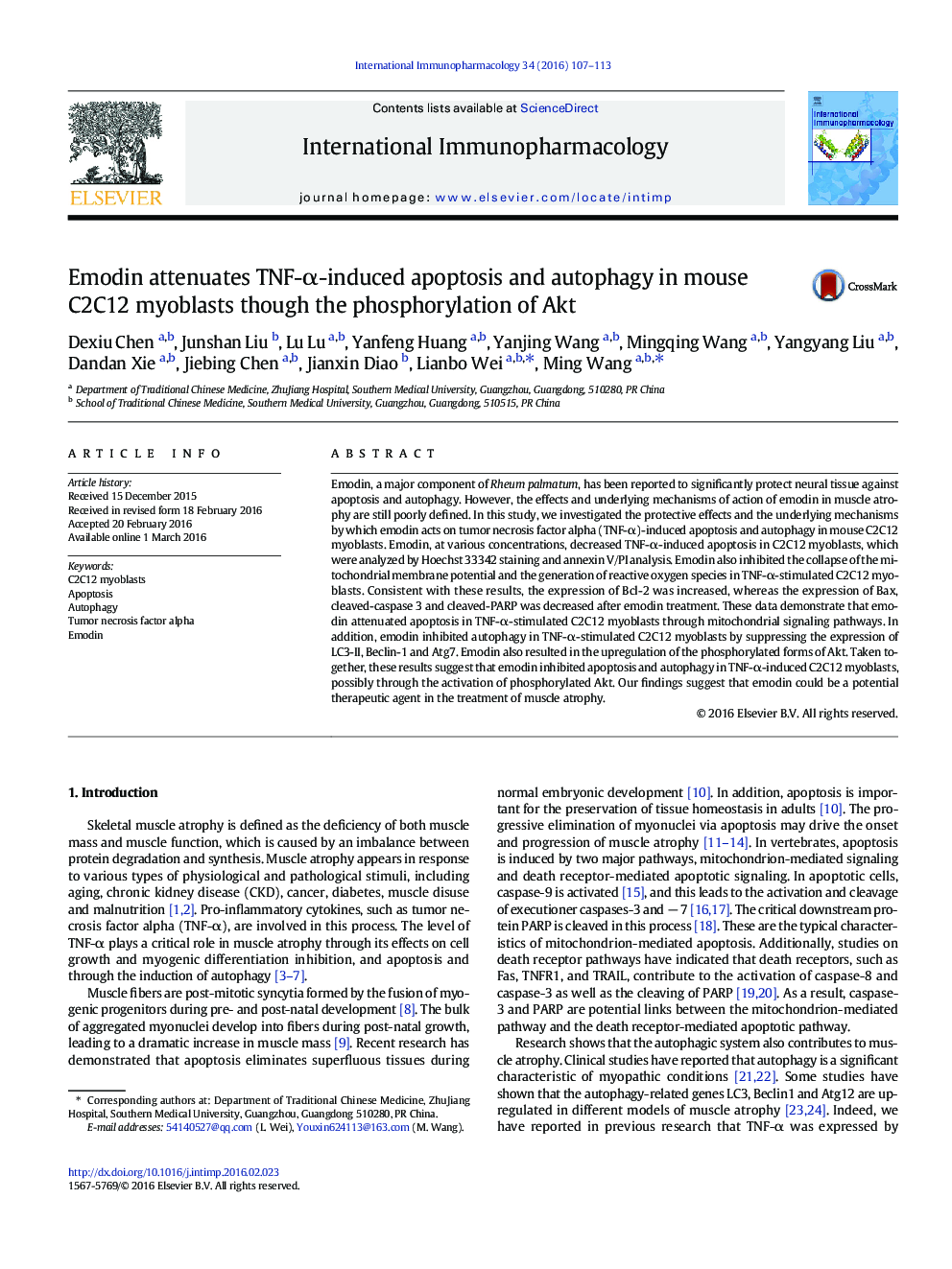 Emodin attenuates TNF-α-induced apoptosis and autophagy in mouse C2C12 myoblasts though the phosphorylation of Akt