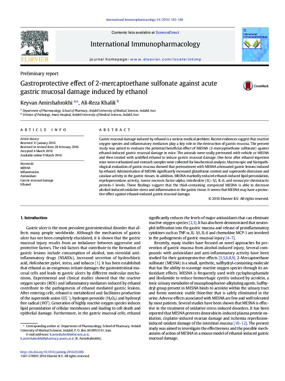 Gastroprotective effect of 2-mercaptoethane sulfonate against acute gastric mucosal damage induced by ethanol