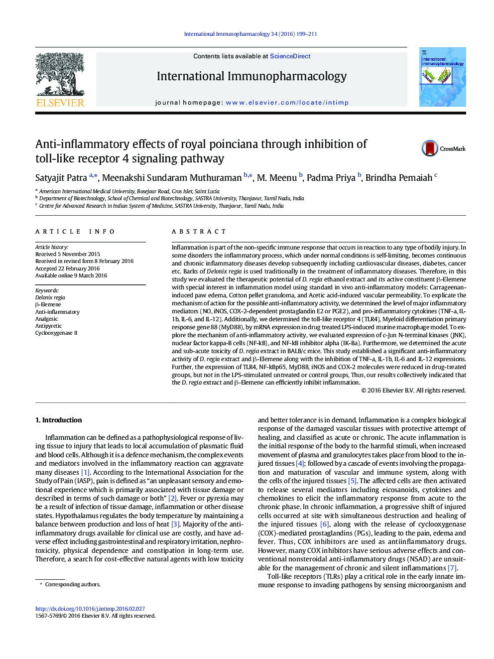 Anti-inflammatory effects of royal poinciana through inhibition of toll-like receptor 4 signaling pathway