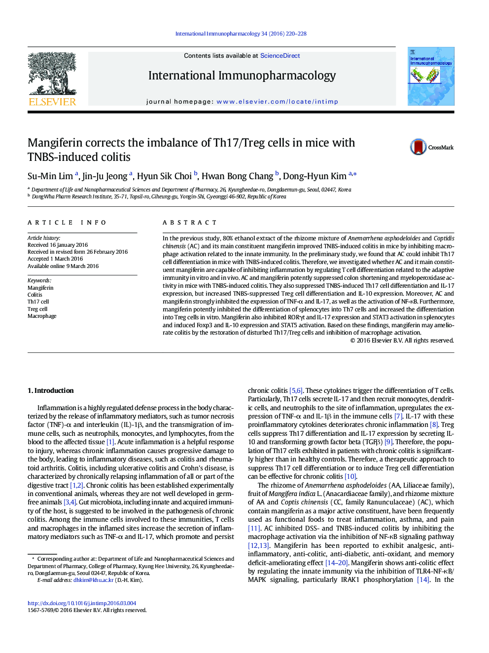 Mangiferin corrects the imbalance of Th17/Treg cells in mice with TNBS-induced colitis