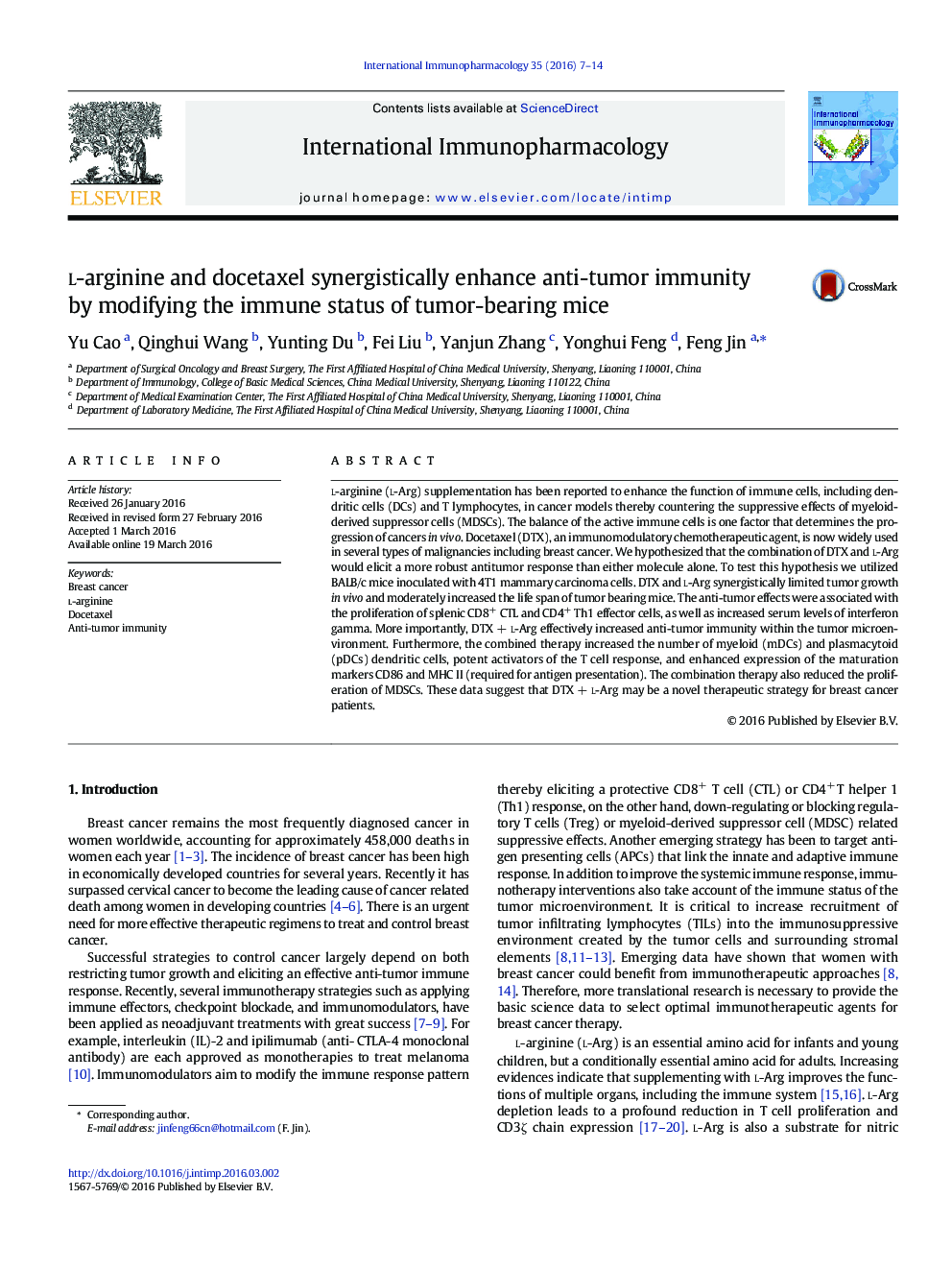 l-arginine and docetaxel synergistically enhance anti-tumor immunity by modifying the immune status of tumor-bearing mice