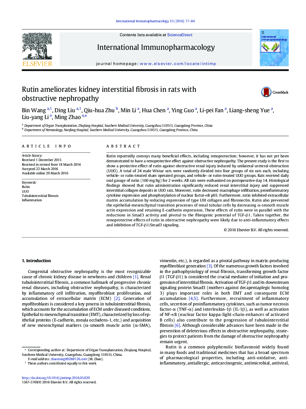 Rutin ameliorates kidney interstitial fibrosis in rats with obstructive nephropathy