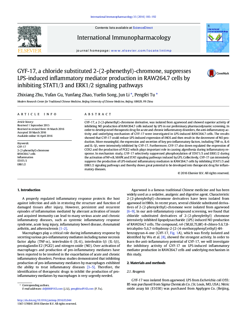 GYF-17, a chloride substituted 2-(2-phenethyl)-chromone, suppresses LPS-induced inflammatory mediator production in RAW264.7 cells by inhibiting STAT1/3 and ERK1/2 signaling pathways