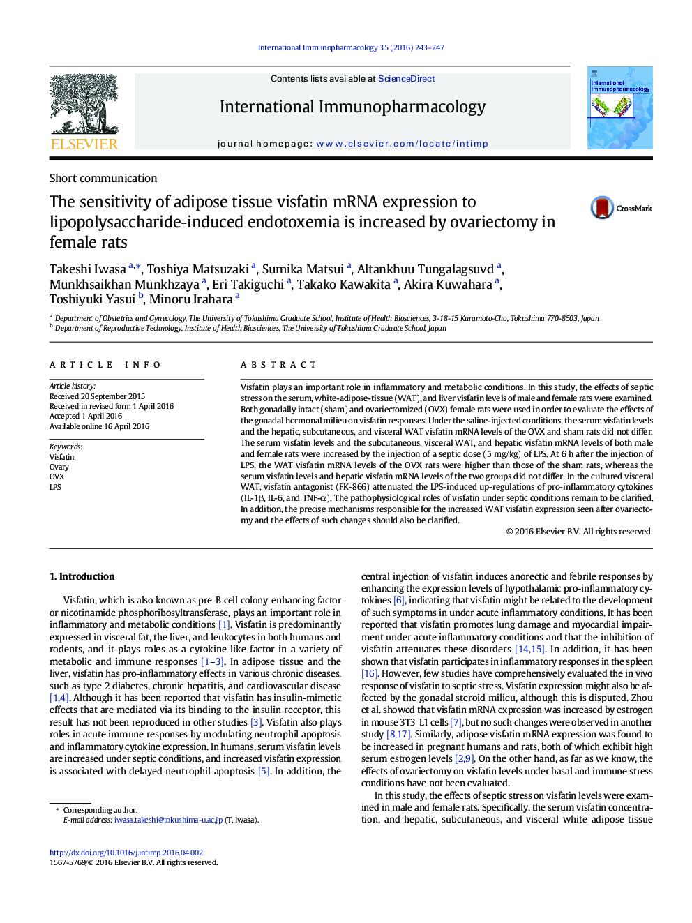 The sensitivity of adipose tissue visfatin mRNA expression to lipopolysaccharide-induced endotoxemia is increased by ovariectomy in female rats