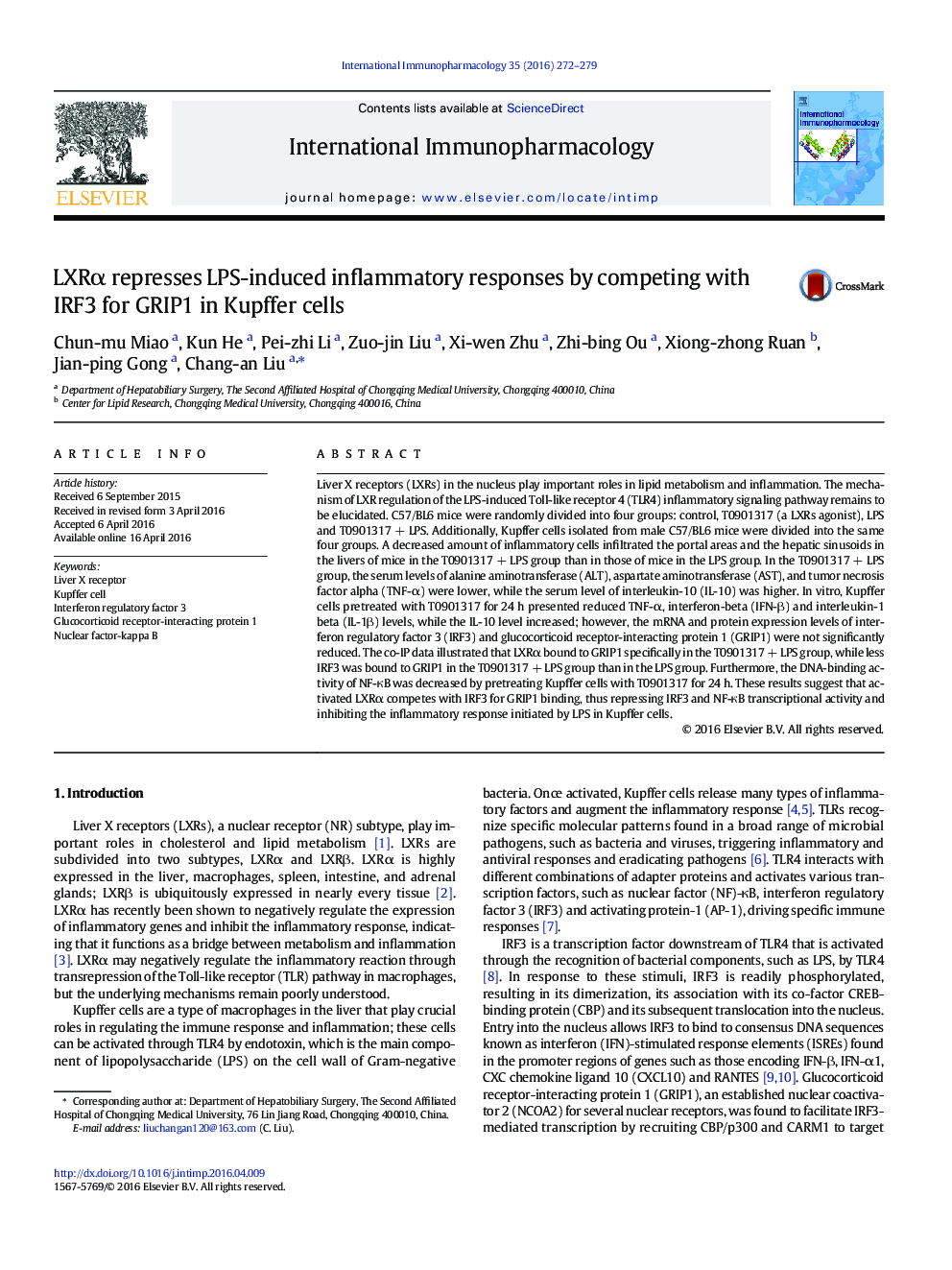 LXRα represses LPS-induced inflammatory responses by competing with IRF3 for GRIP1 in Kupffer cells