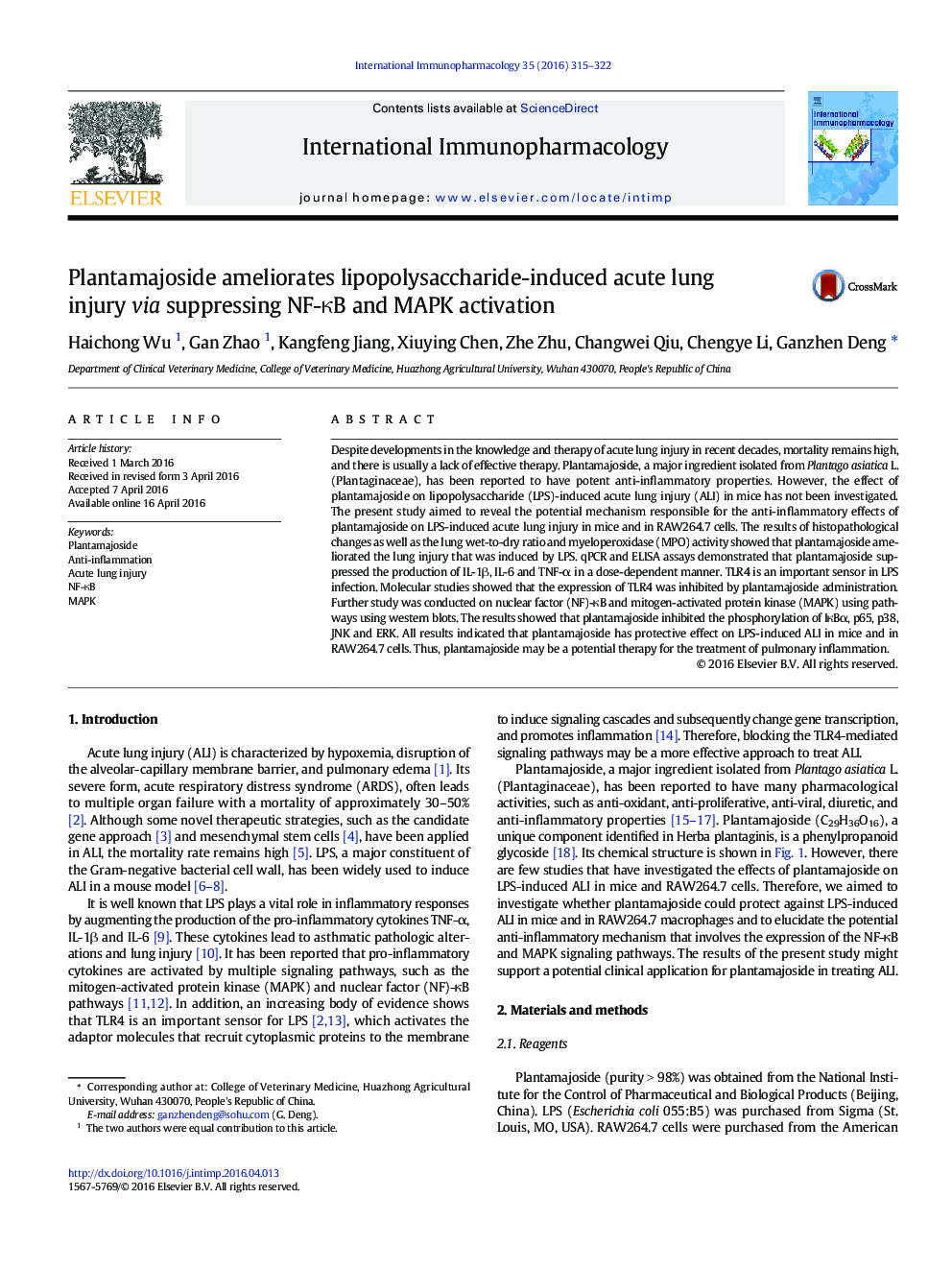 Plantamajoside ameliorates lipopolysaccharide-induced acute lung injury via suppressing NF-κB and MAPK activation