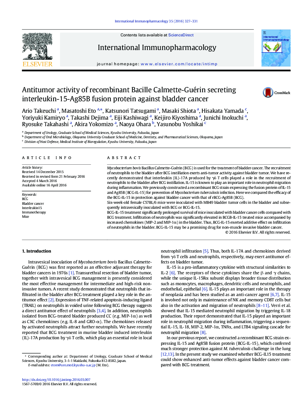 Antitumor activity of recombinant Bacille Calmette-Guérin secreting interleukin-15-Ag85B fusion protein against bladder cancer