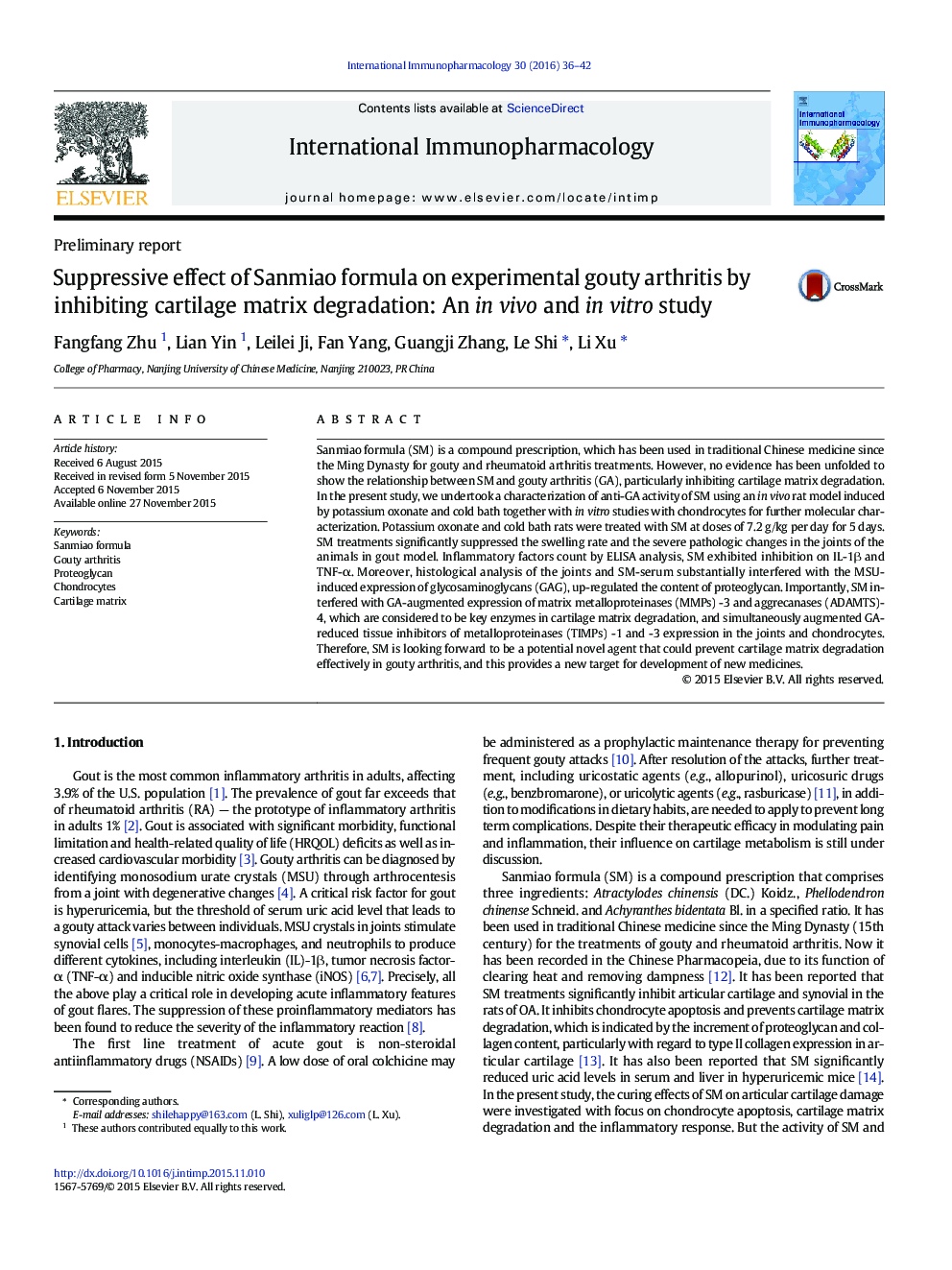 Suppressive effect of Sanmiao formula on experimental gouty arthritis by inhibiting cartilage matrix degradation: An in vivo and in vitro study