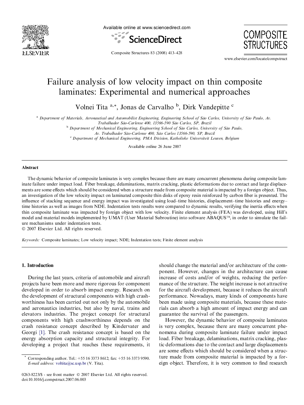 Failure analysis of low velocity impact on thin composite laminates: Experimental and numerical approaches