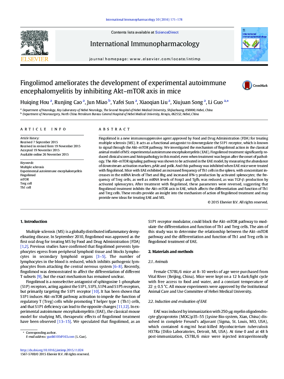 Fingolimod ameliorates the development of experimental autoimmune encephalomyelitis by inhibiting Akt–mTOR axis in mice