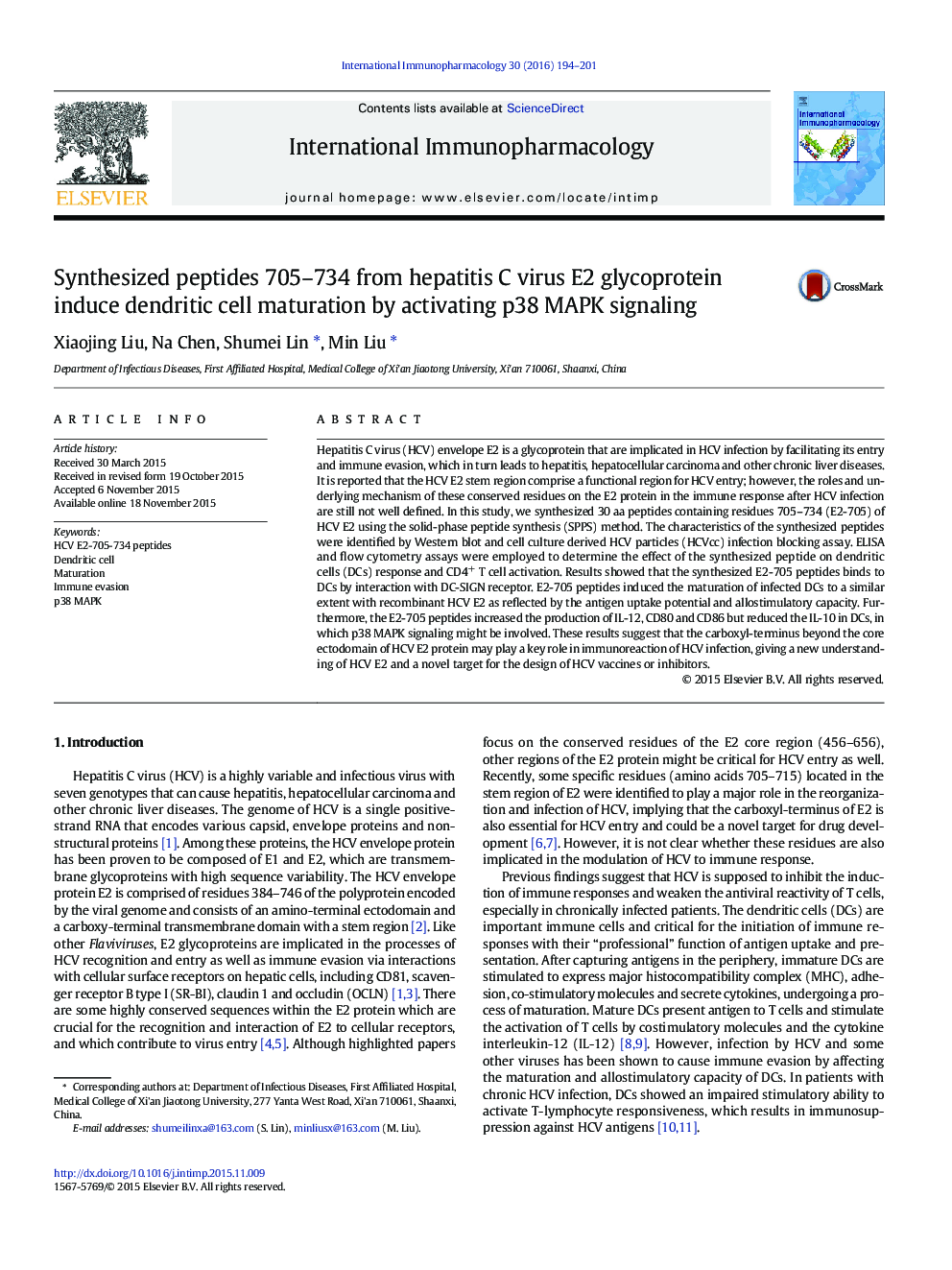 Synthesized peptides 705–734 from hepatitis C virus E2 glycoprotein induce dendritic cell maturation by activating p38 MAPK signaling