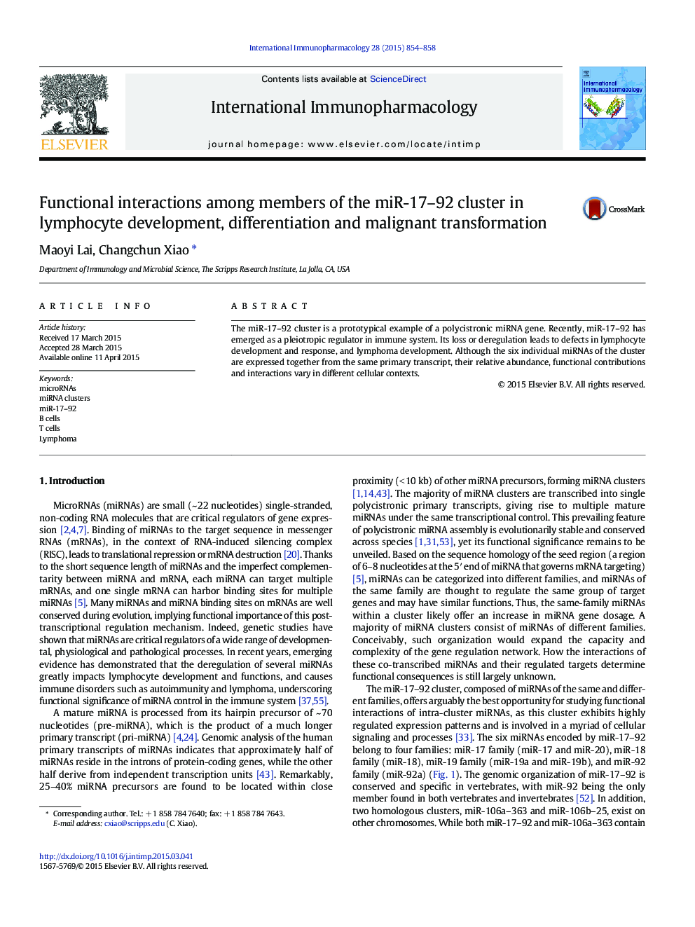 Functional interactions among members of the miR-17–92 cluster in lymphocyte development, differentiation and malignant transformation