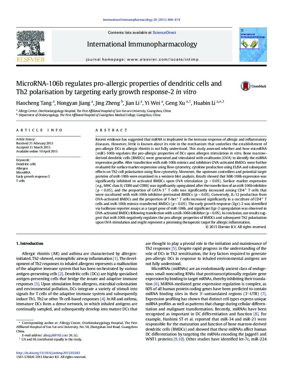 MicroRNA-106b regulates pro-allergic properties of dendritic cells and Th2 polarisation by targeting early growth response-2 in vitro