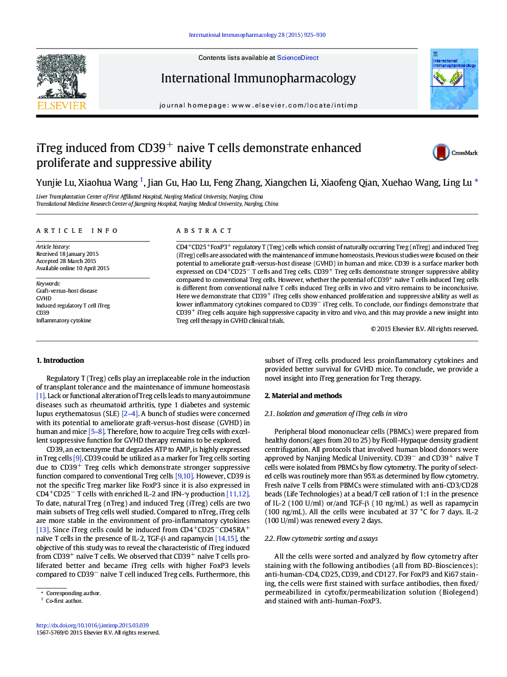 iTreg induced from CD39+ naive T cells demonstrate enhanced proliferate and suppressive ability