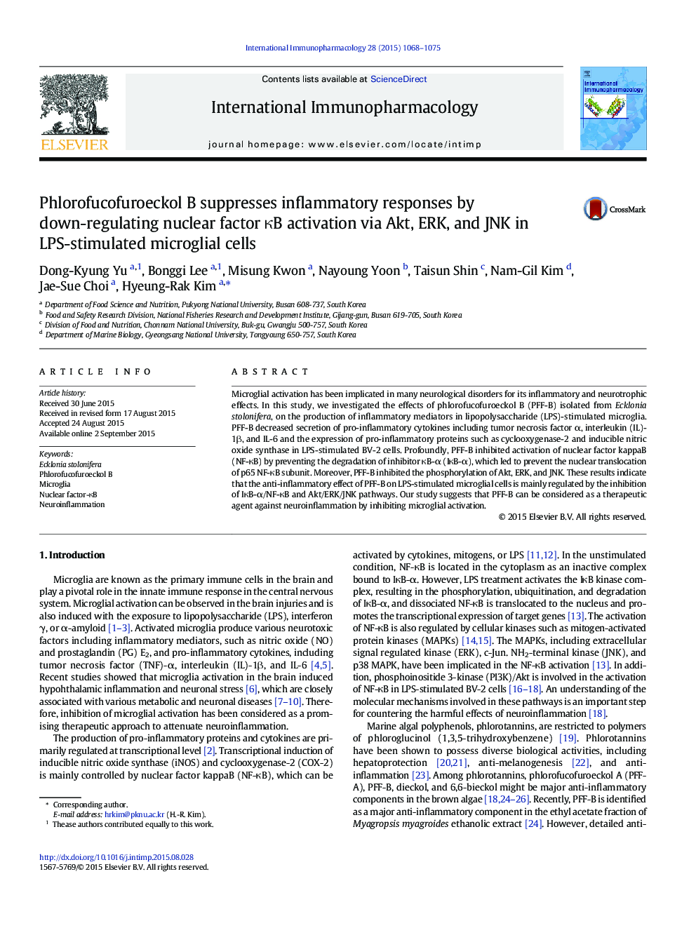 Phlorofucofuroeckol B suppresses inflammatory responses by down-regulating nuclear factor κB activation via Akt, ERK, and JNK in LPS-stimulated microglial cells