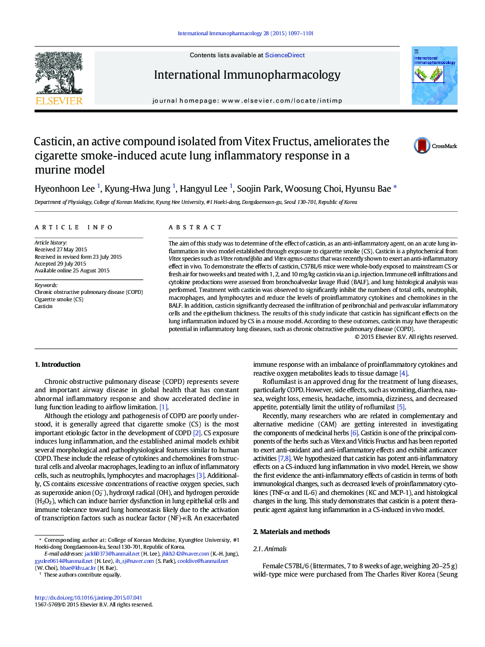 Casticin, an active compound isolated from Vitex Fructus, ameliorates the cigarette smoke-induced acute lung inflammatory response in a murine model